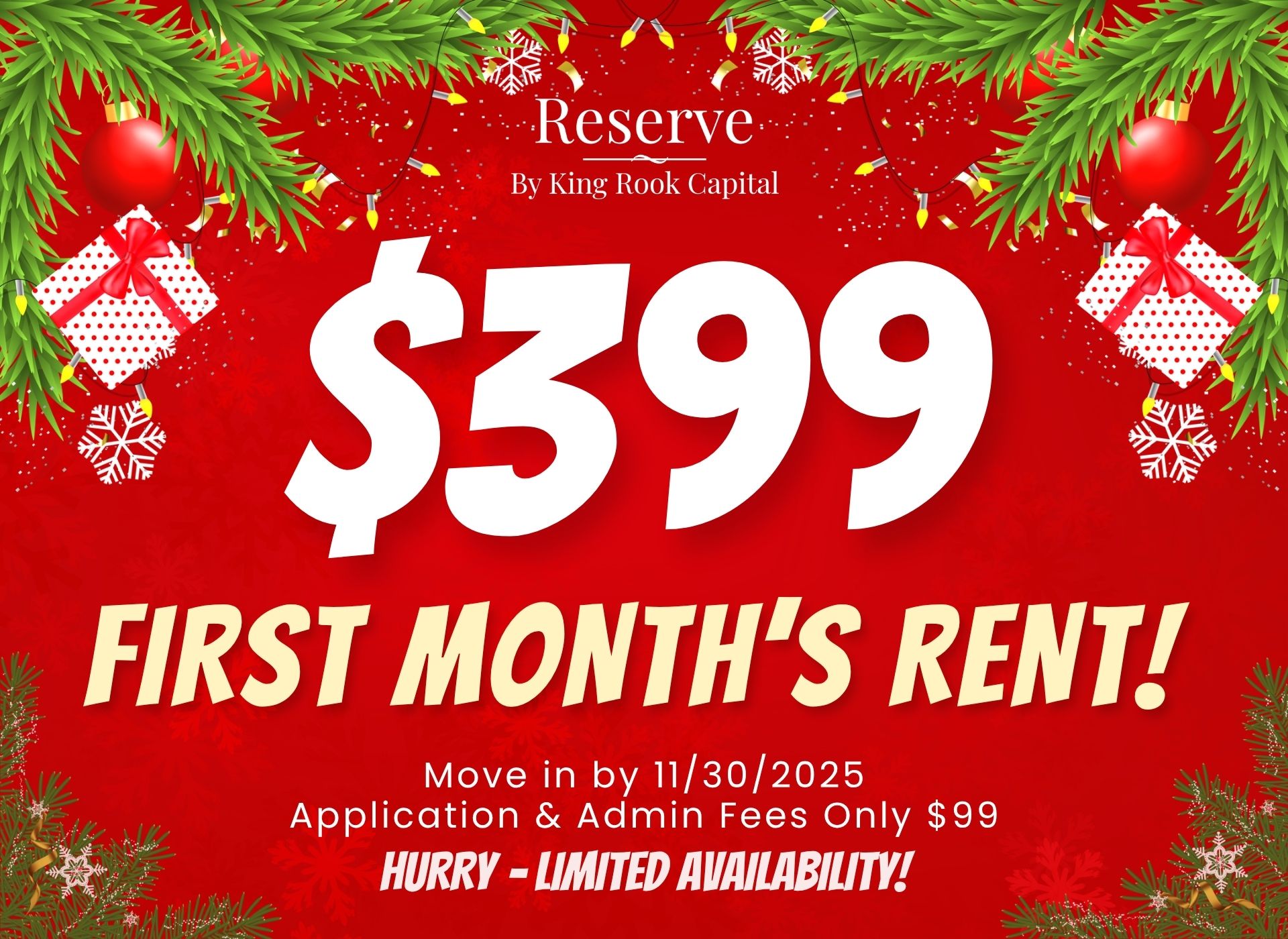 $399 First Month’s Rent!   Move in by 11/30/2025 Application & Admin Fees Only $99 Hurry – Limited Availability!